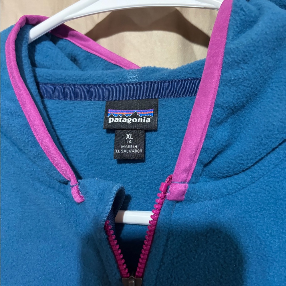 Patagonia Girls Jacket XLarge Micro D Snap T12 Fleece Zip Hoodie Navy Pink YOUTH - Picture 2 of 3
